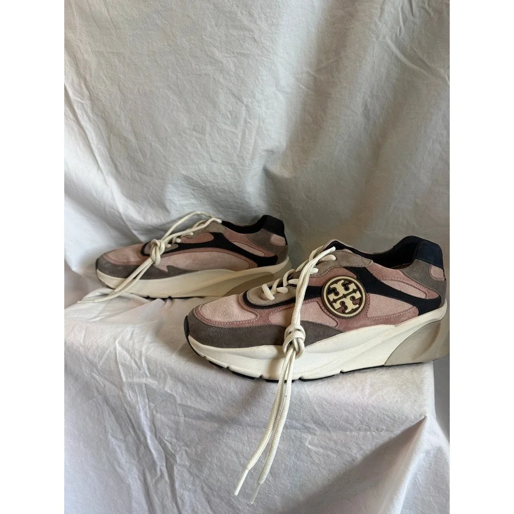 Tory Burch Good Luck Trainer Sneakers Pink Brown Suede Colorblock Logo Shoes